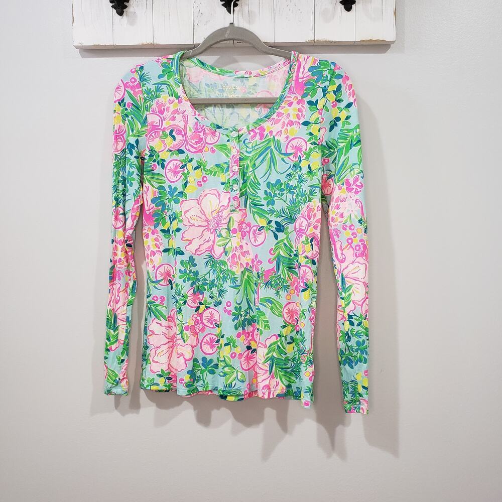 Lilly Pulitzer Lucretia Pajama Top Small Seasalt Blue Fruity Flamingo Floral